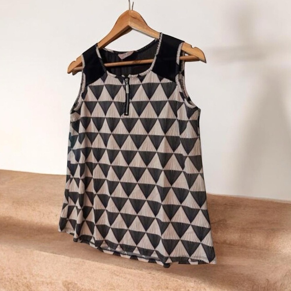 SJS Women's Geometric Print Sleeveless Tunic Top Black White Large